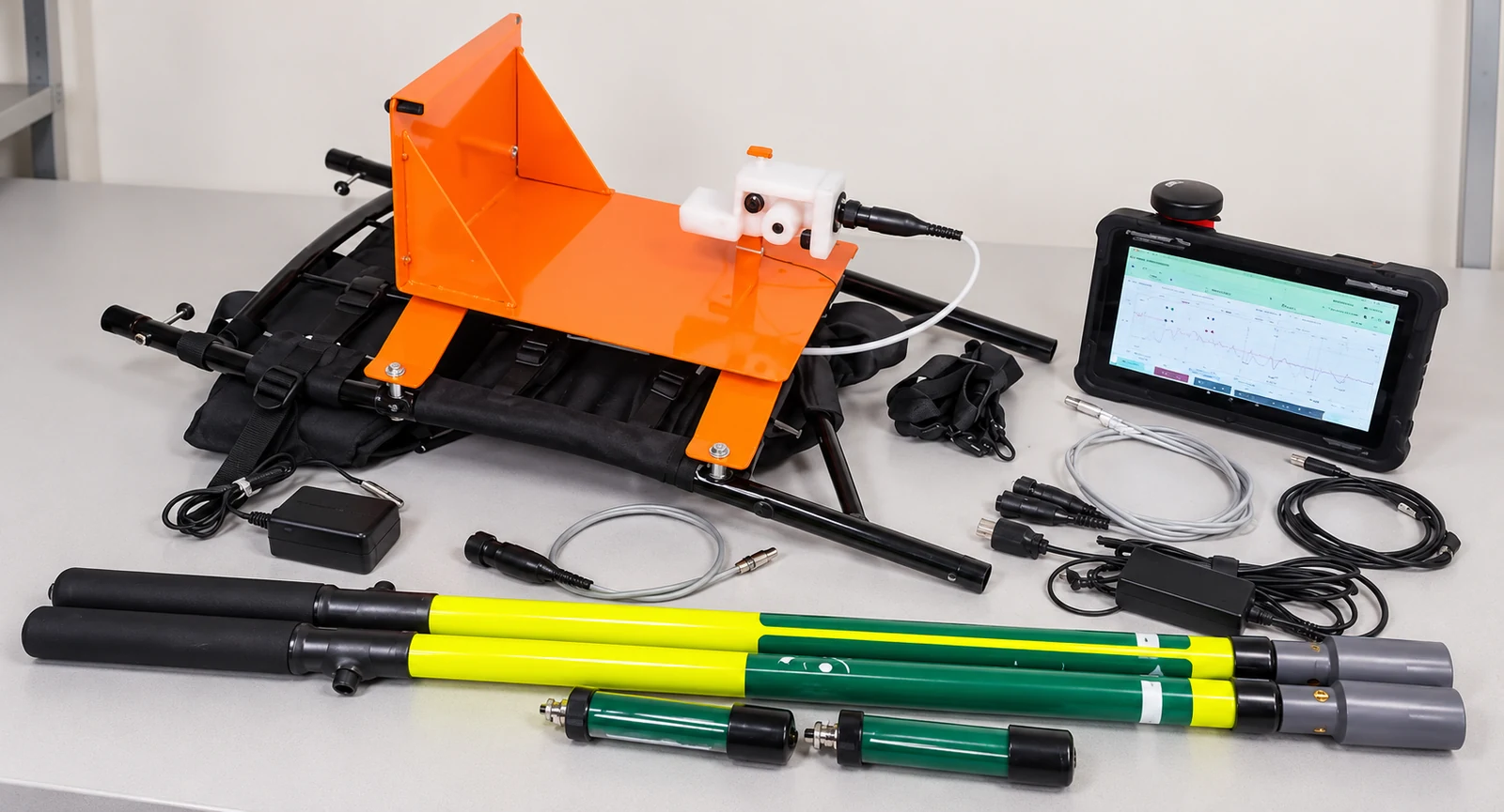 Equipamento de inspeção com tablet, suporte e hastes de medição sobre bancada